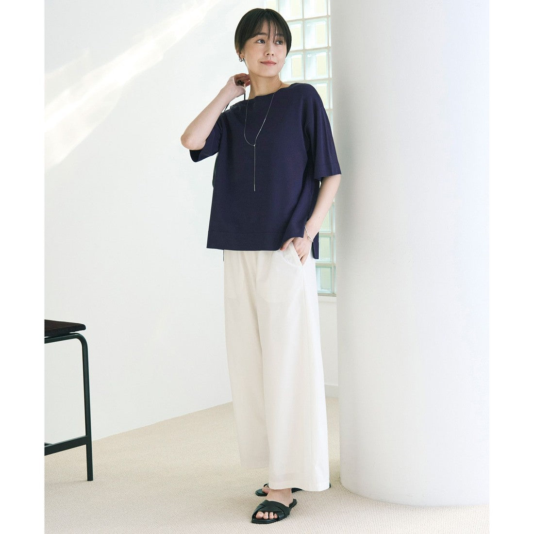 UNFILO 【UVケア/遮熱】スゴ機能美 ハーフスリーブ ニット （[WEB限定]オフ×ブラックボーダー） [WEB限定]オフ×ブラックボーダー