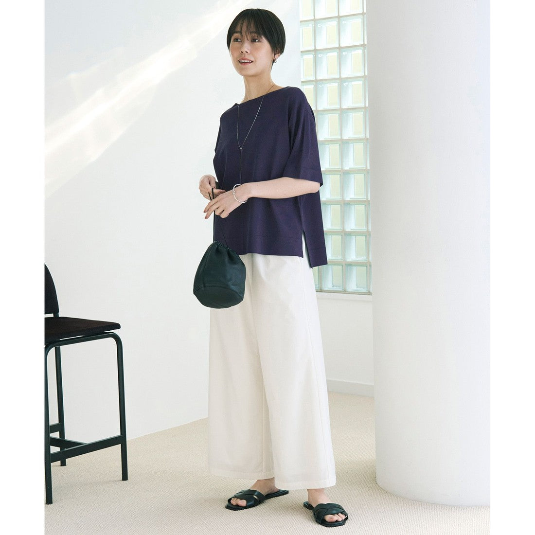 UNFILO 【UVケア/遮熱】スゴ機能美 ハーフスリーブ ニット （[WEB限定]オフ×ブラックボーダー） [WEB限定]オフ×ブラックボーダー