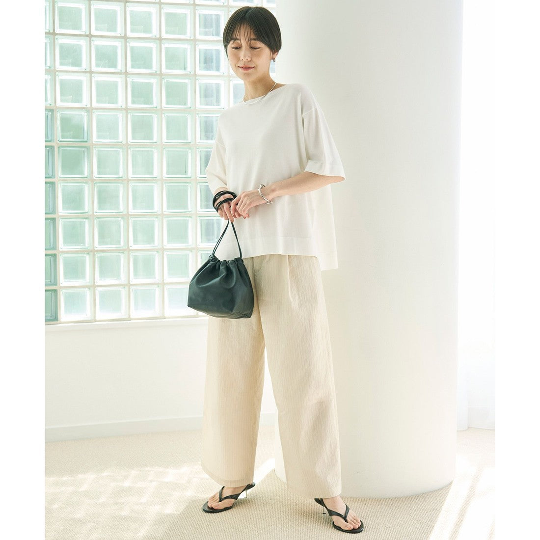 UNFILO 【UVケア/遮熱】スゴ機能美 ハーフスリーブ ニット （[WEB限定]オフ×ブラックボーダー） [WEB限定]オフ×ブラックボーダー
