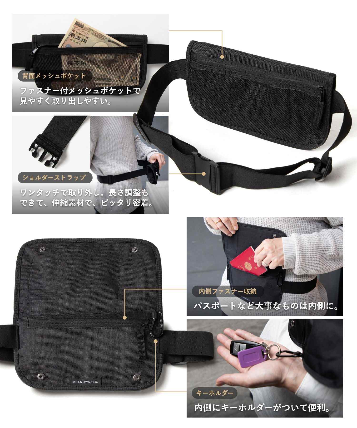 アンノウンアンドコー UNKNOWN&Co. アンノウンアンドコー UNKNOWN＆Co. ウォータープルーフ 0.3L セキュリティポーチ スキミング防止 ウエストバッグ ユニセックス バッグ 財布 パスポートケース 海外 （BLACK/ブラック） BLACK/ブラック