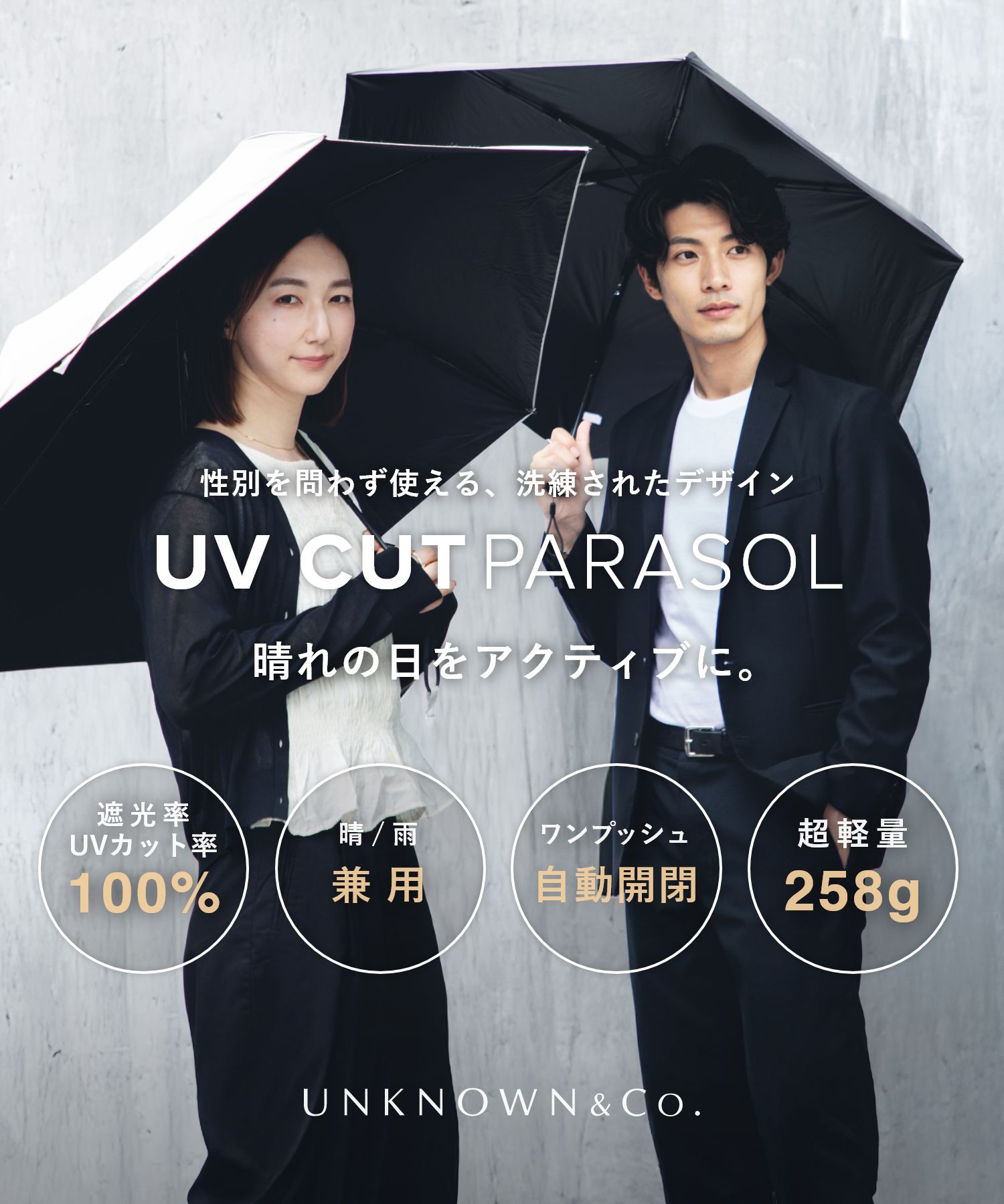 アンノウンアンドコー UNKNOWN&Co. アンノウンアンドコー UNKNOWN＆Co. UV CUT PARASOL 日傘 折りたたみ 完全遮光 自動開閉 軽量 撥水 ユニセックス （WHITE/ホワイト） WHITE/ホワイト