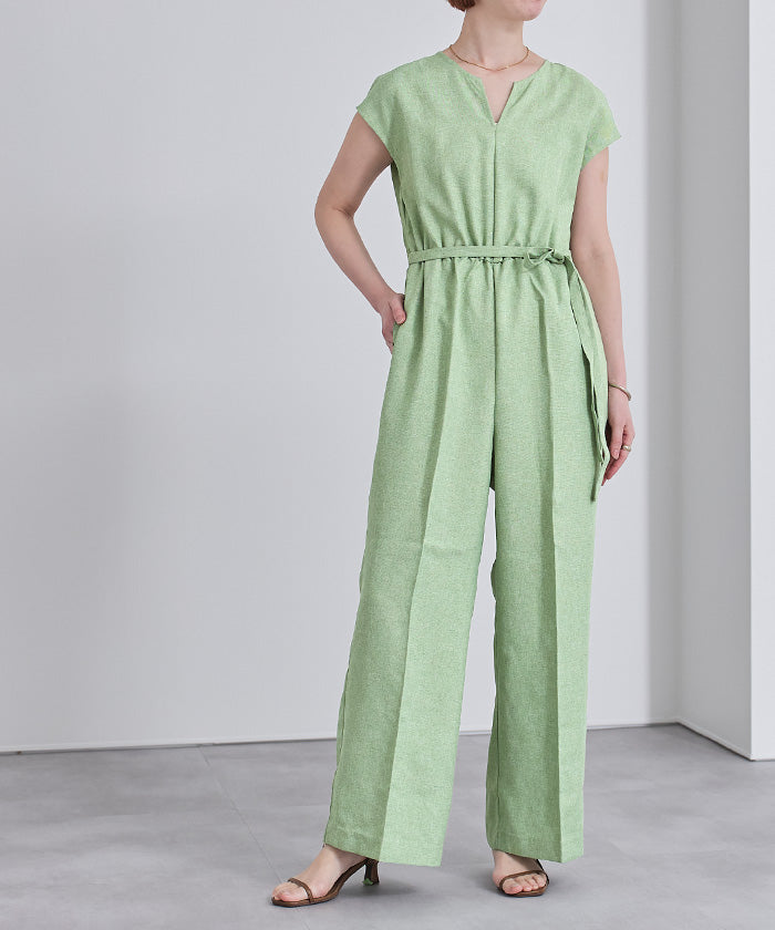 ユアーズ ur's リネンライクヘンリーネックオールインワン （アップルグリーン） アップルグリーン