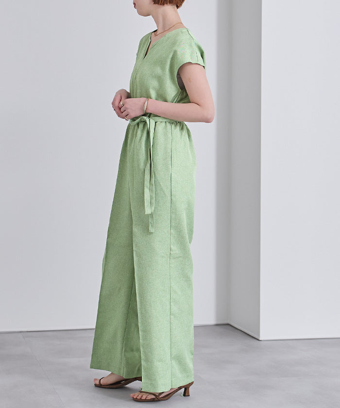 ユアーズ ur's リネンライクヘンリーネックオールインワン （アップルグリーン） アップルグリーン