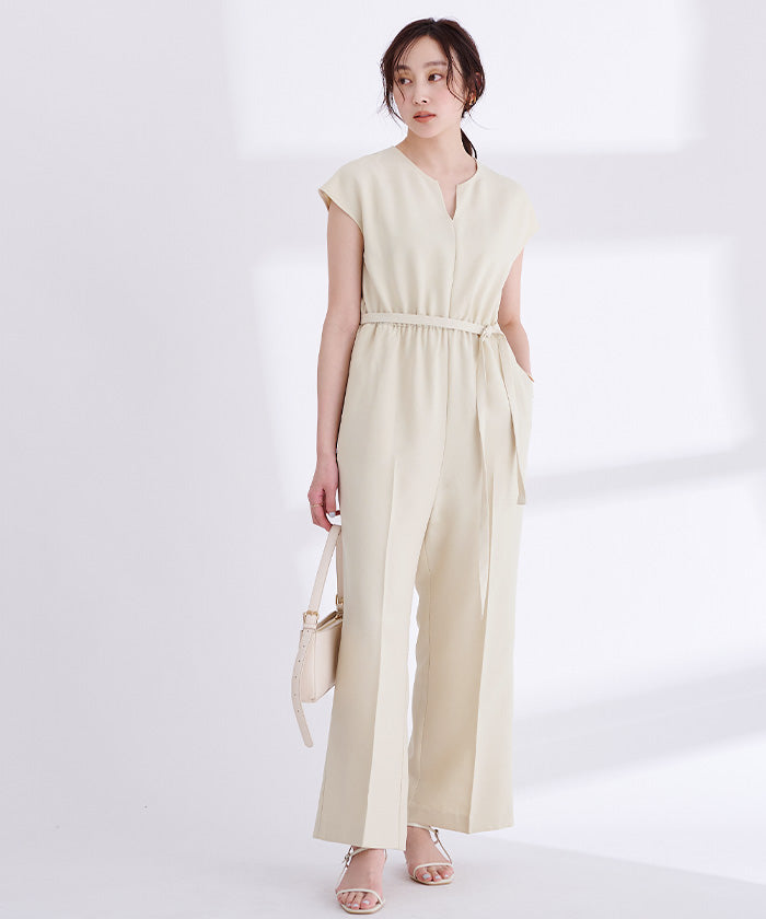 ユアーズ ur's リネンライクヘンリーネックオールインワン （アップルグリーン） アップルグリーン