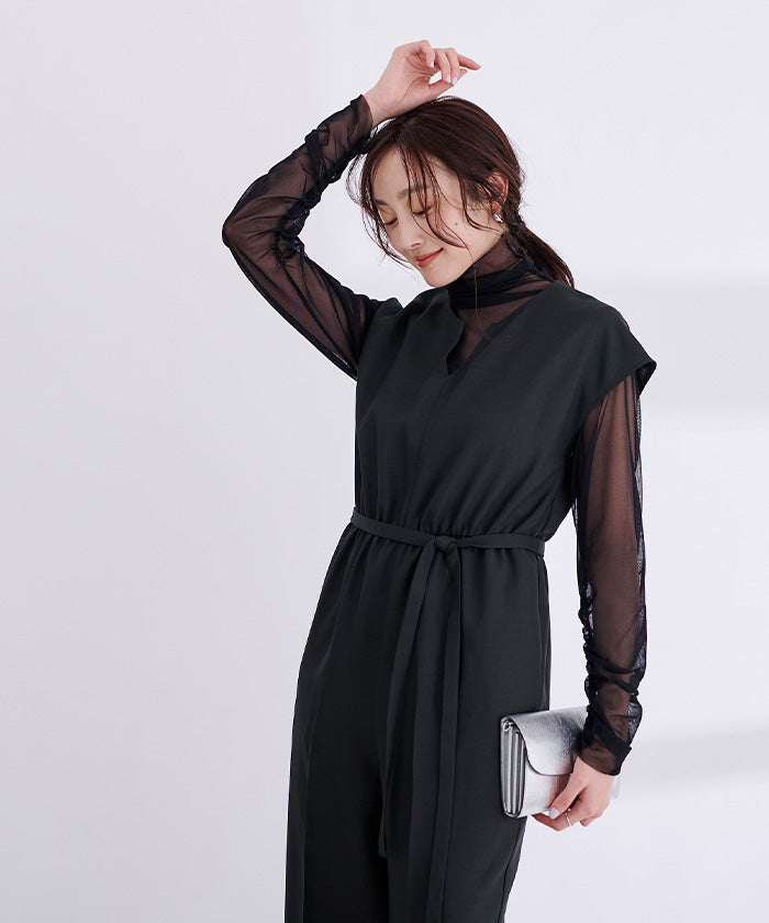 ユアーズ ur's リネンライクヘンリーネックオールインワン （アップルグリーン） アップルグリーン