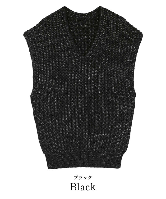 ユアーズ ur's ラメVネックニットベスト （ブラック） ブラック