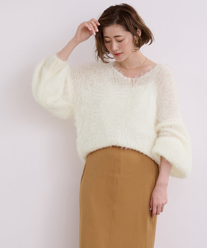 ユアーズ ur's Vネックオーバーサイズシアーローゲージニット （ホワイト） ホワイト