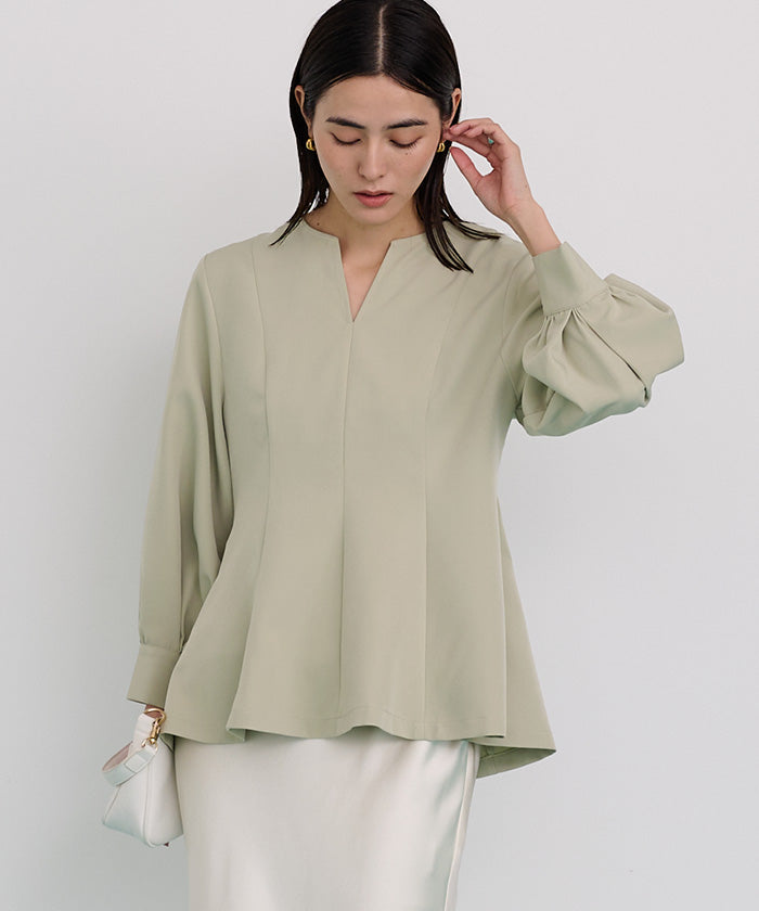 ユアーズ ur's キーネックボリュームスリーブペプラムトップス （ホワイト） ホワイト