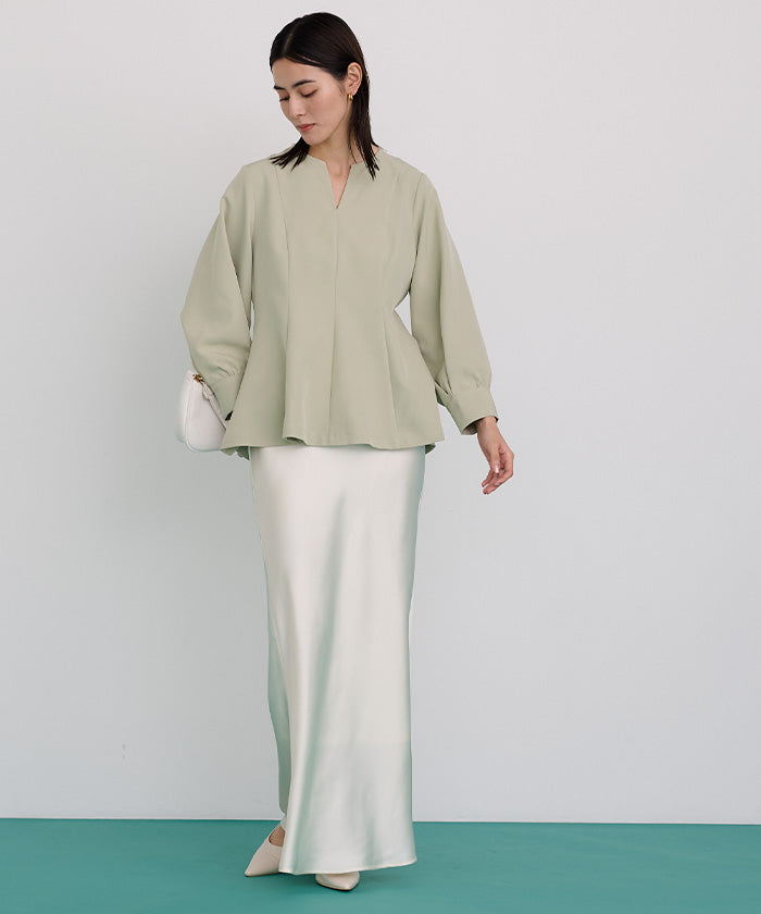 ユアーズ ur's キーネックボリュームスリーブペプラムトップス （ホワイト） ホワイト