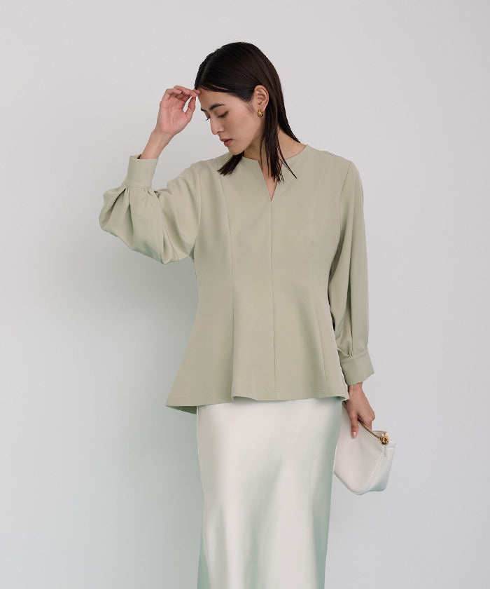 ユアーズ ur's キーネックボリュームスリーブペプラムトップス （ホワイト） ホワイト