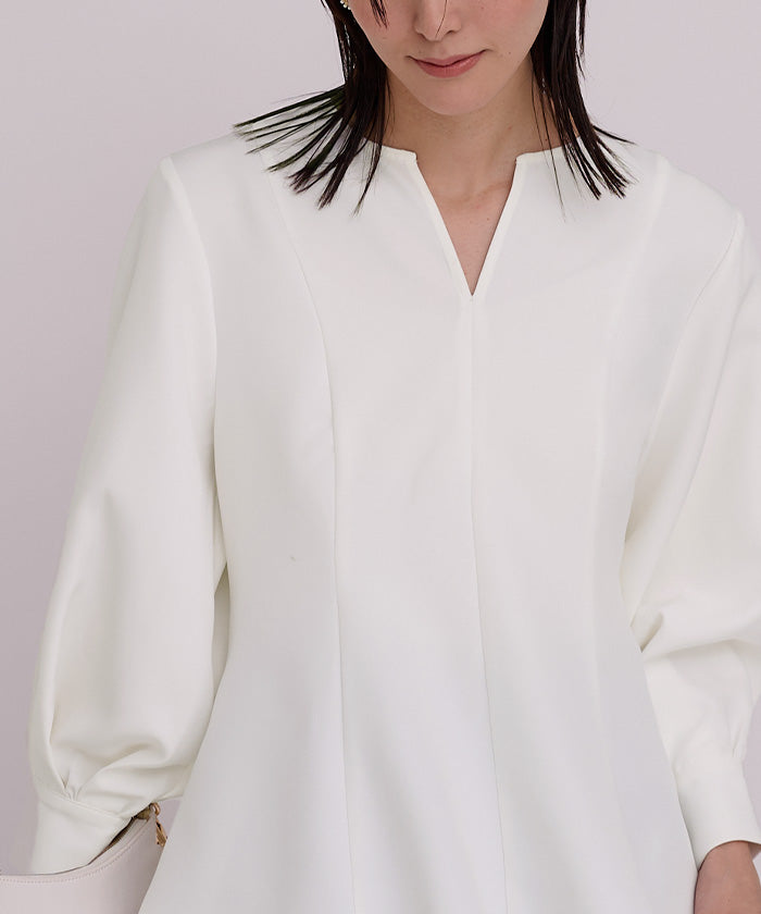 ユアーズ ur's キーネックボリュームスリーブペプラムトップス （ホワイト） ホワイト