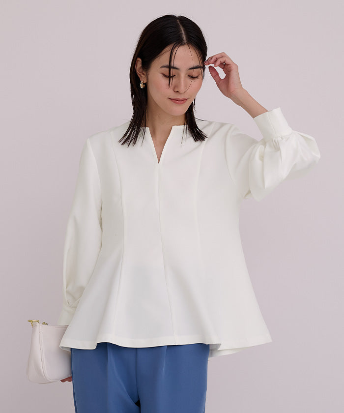 ユアーズ ur's キーネックボリュームスリーブペプラムトップス （ホワイト） ホワイト