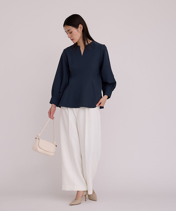 ユアーズ ur's キーネックボリュームスリーブペプラムトップス （ホワイト） ホワイト