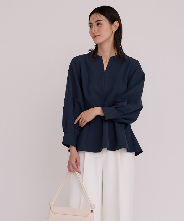 ユアーズ ur's キーネックボリュームスリーブペプラムトップス （ホワイト） ホワイト