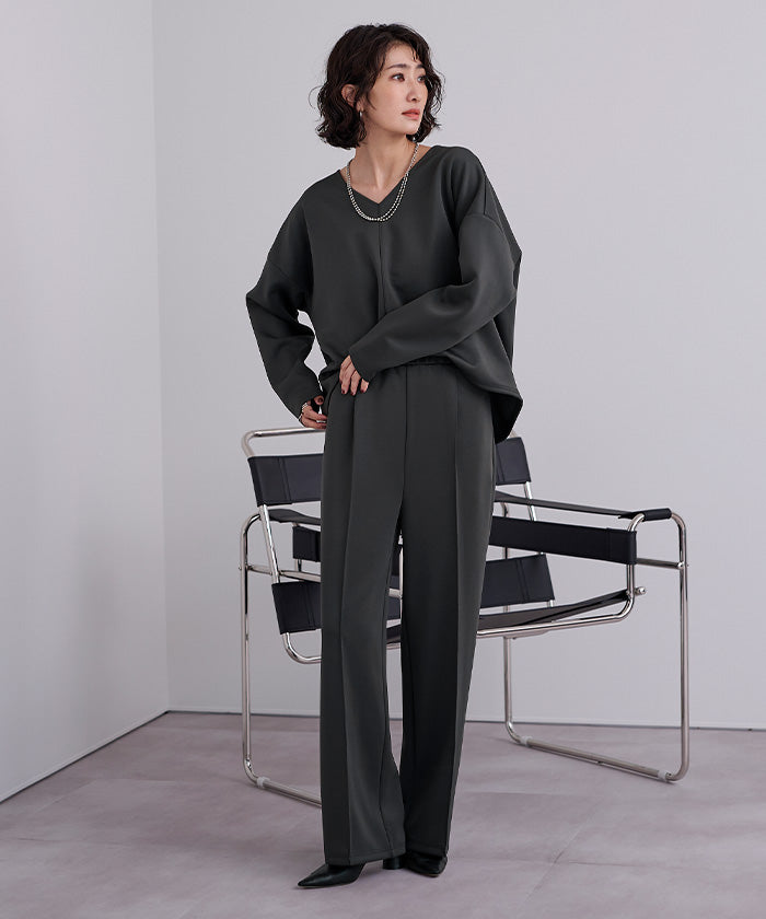 ユアーズ ur's Vネックトップス×パンツ/ボンディングセットアップ （ホワイト） ホワイト