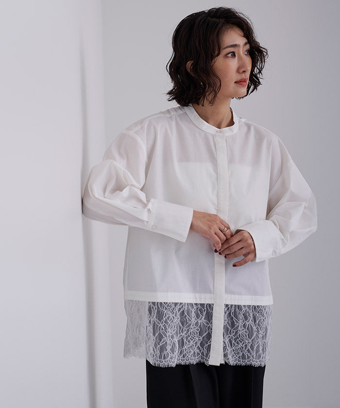 ユアーズ ur's バンドカラー裾レースシャツ （ブラック） ブラック