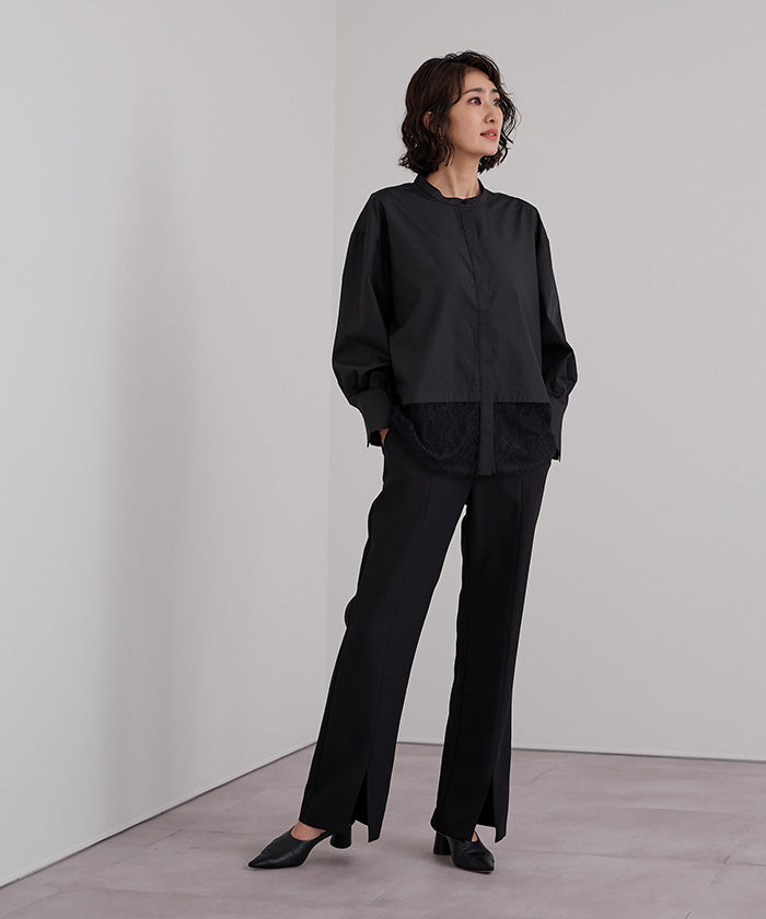 ユアーズ ur's バンドカラー裾レースシャツ （ブラック） ブラック