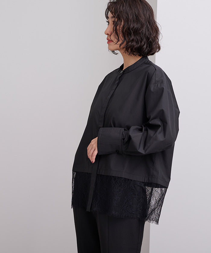 ユアーズ ur's バンドカラー裾レースシャツ （ブラック） ブラック