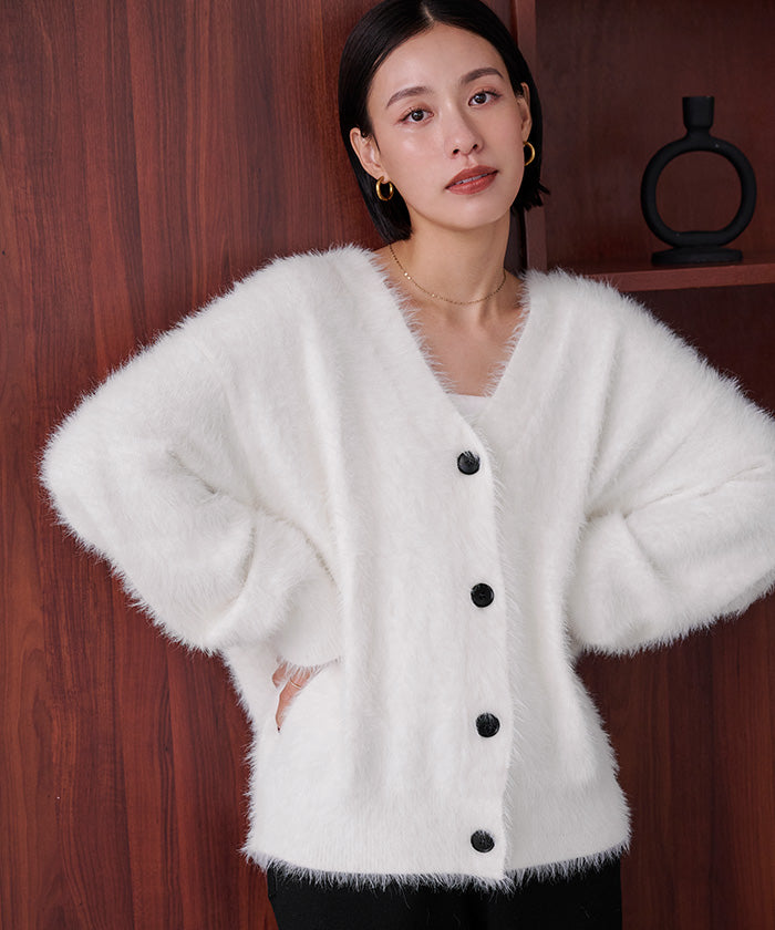 ユアーズ ur's 配色釦シャギーニットカーディガン （ホワイト） ホワイト