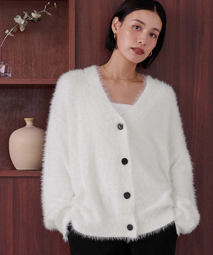 ユアーズ ur's 配色釦シャギーニットカーディガン （ホワイト） ホワイト