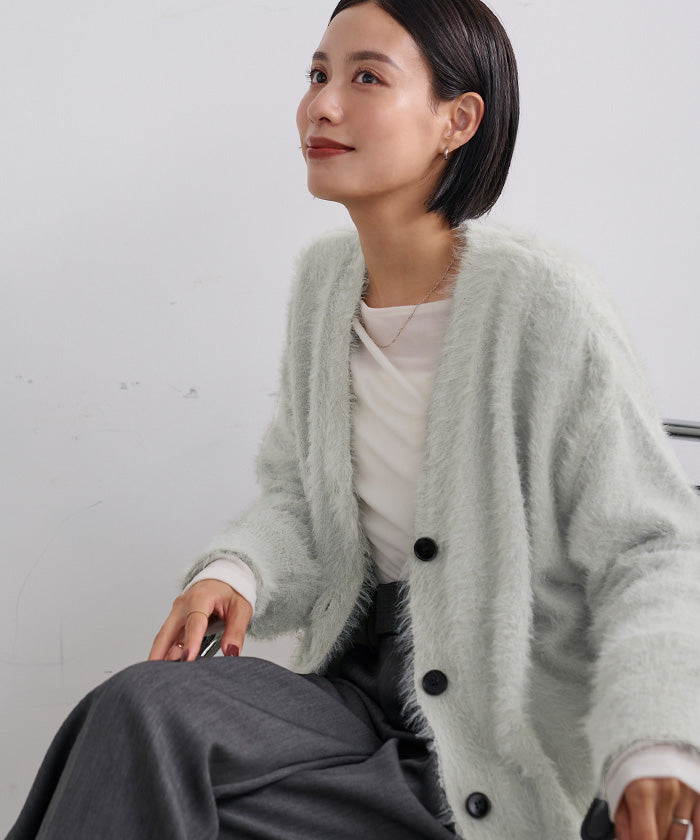 ユアーズ ur's 配色釦シャギーニットカーディガン （ホワイト） ホワイト