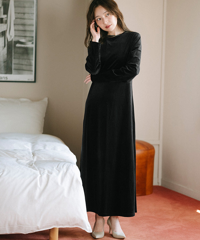 ユアーズ ur's バックリボンフィットアンドフレアベロアワンピース （ブラック） ブラック