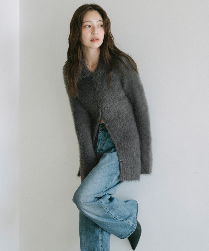 ユアーズ ur's 襟付きシャギーニットカーディガン （チャコール） チャコール