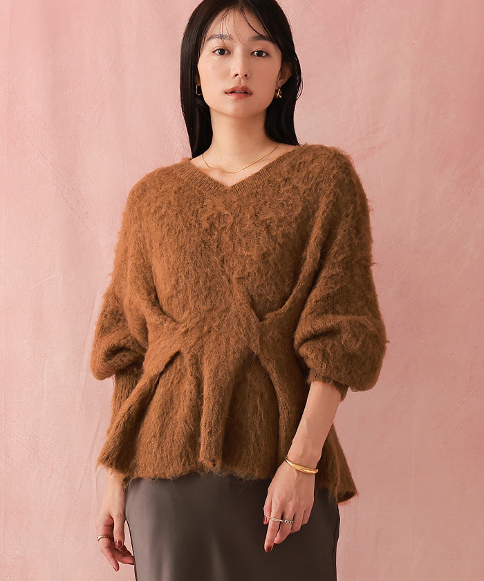 ユアーズ ur's Vネックウエストタックペプラムニット （杢グレー） 杢グレー