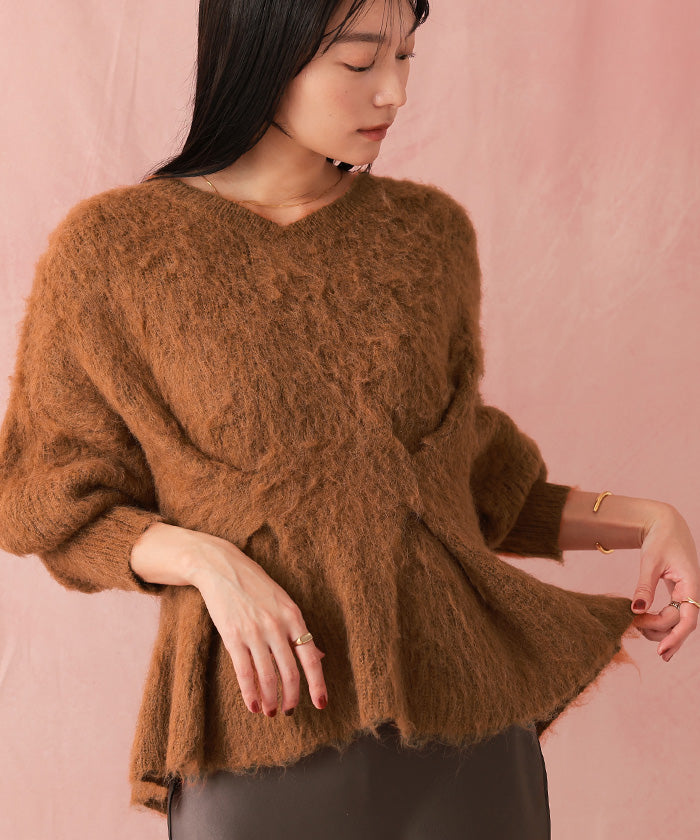 ユアーズ ur's Vネックウエストタックペプラムニット （杢グレー） 杢グレー