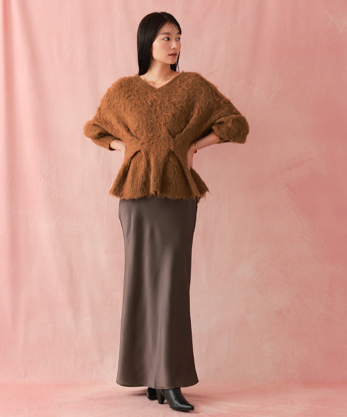 ユアーズ ur's Vネックウエストタックペプラムニット （杢グレー） 杢グレー