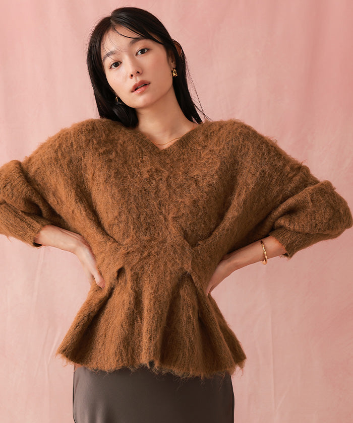 ユアーズ ur's Vネックウエストタックペプラムニット （杢グレー） 杢グレー