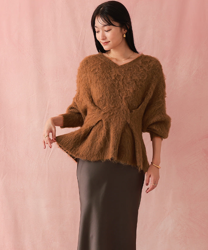 ユアーズ ur's Vネックウエストタックペプラムニット （杢グレー） 杢グレー