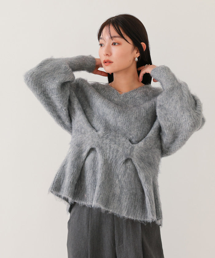 ユアーズ ur's Vネックウエストタックペプラムニット （杢グレー） 杢グレー