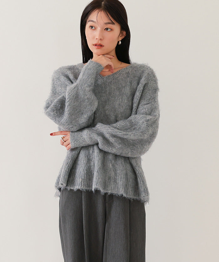 ユアーズ ur's Vネックウエストタックペプラムニット （杢グレー） 杢グレー