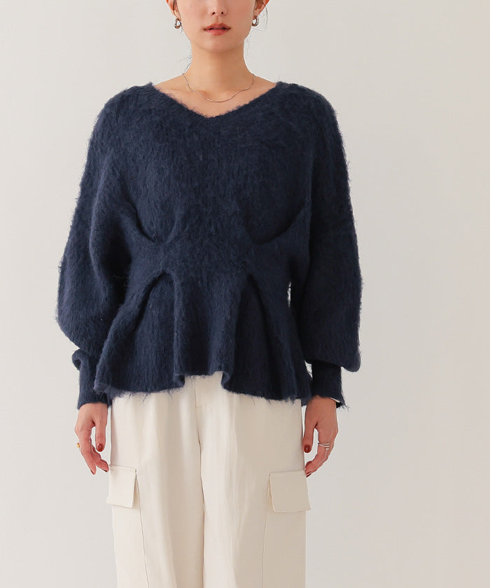 ユアーズ ur's Vネックウエストタックペプラムニット （杢グレー） 杢グレー