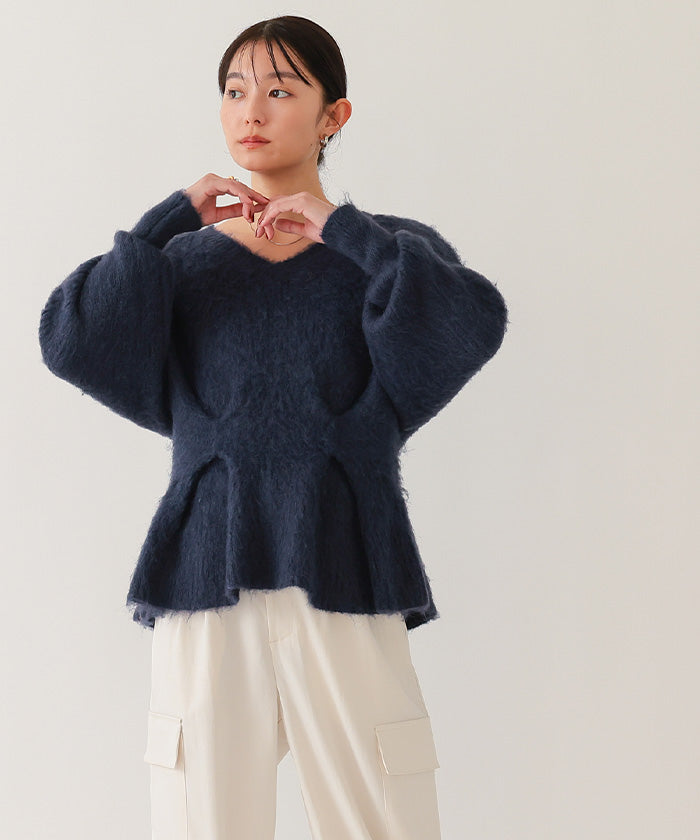 ユアーズ ur's Vネックウエストタックペプラムニット （杢グレー） 杢グレー