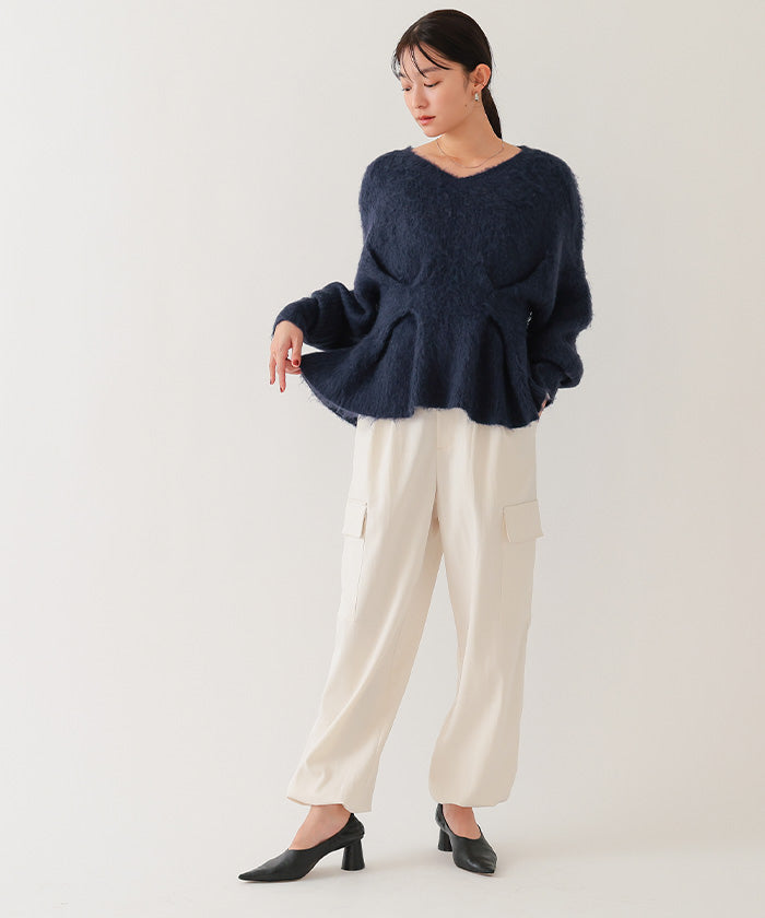 ユアーズ ur's Vネックウエストタックペプラムニット （杢グレー） 杢グレー