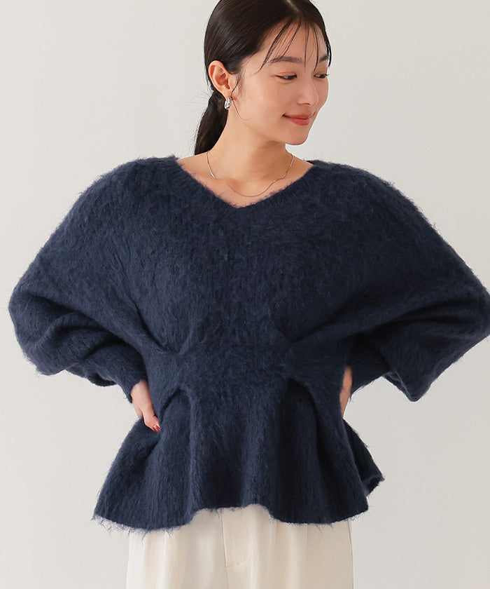 ユアーズ ur's Vネックウエストタックペプラムニット （杢グレー） 杢グレー