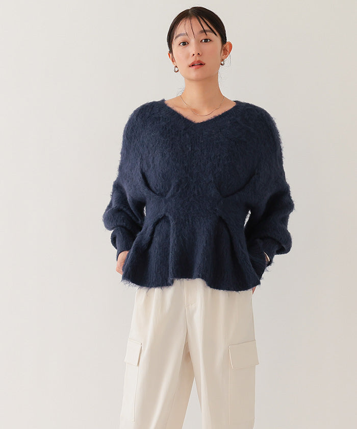 ユアーズ ur's Vネックウエストタックペプラムニット （杢グレー） 杢グレー