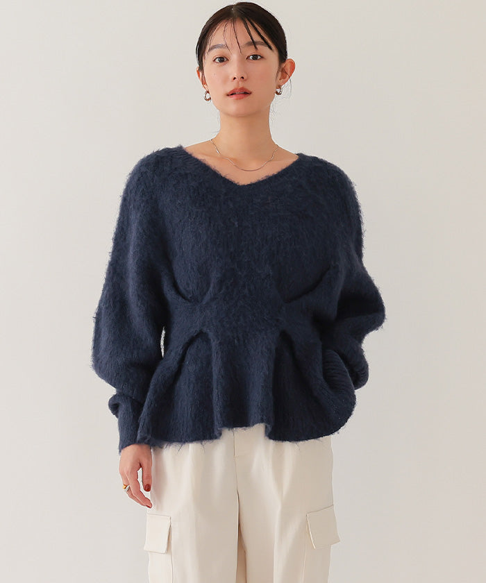 ユアーズ ur's Vネックウエストタックペプラムニット （ネイビー） ネイビー