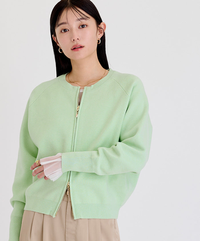 ユアーズ ur's スウェットライクZIPニットカーディガン （ライトグリーン） ライトグリーン
