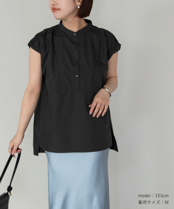 ユアーズ ur's スタンドカラーショルダーギャザーブザムシャツ （ブラック） ブラック