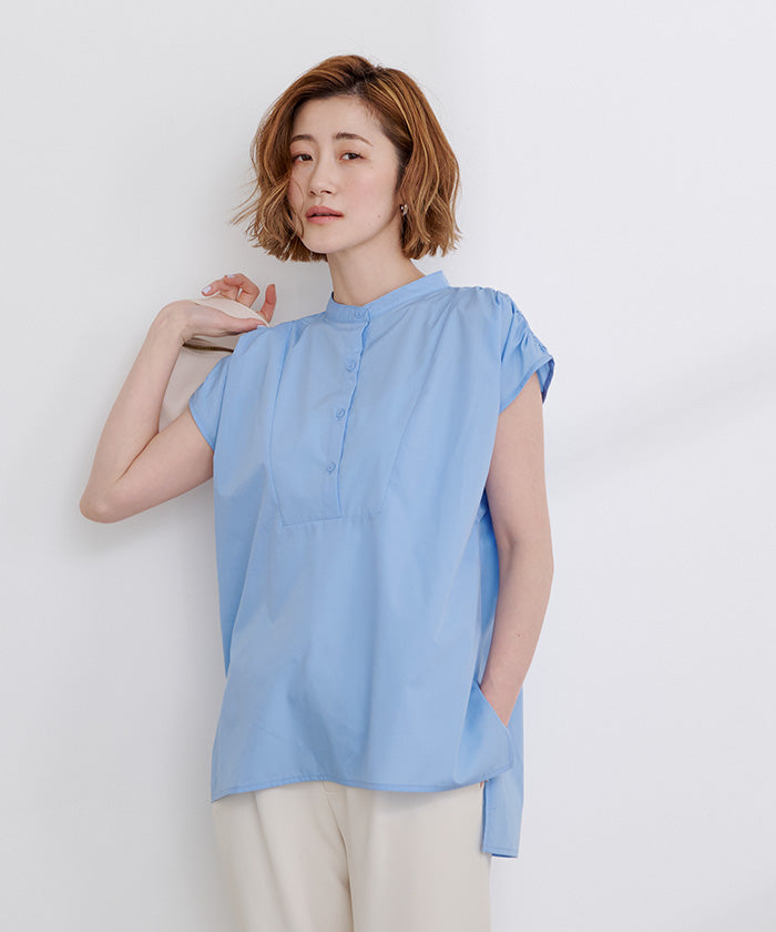 ユアーズ ur's スタンドカラーショルダーギャザーブザムシャツ （ブルー） ブルー