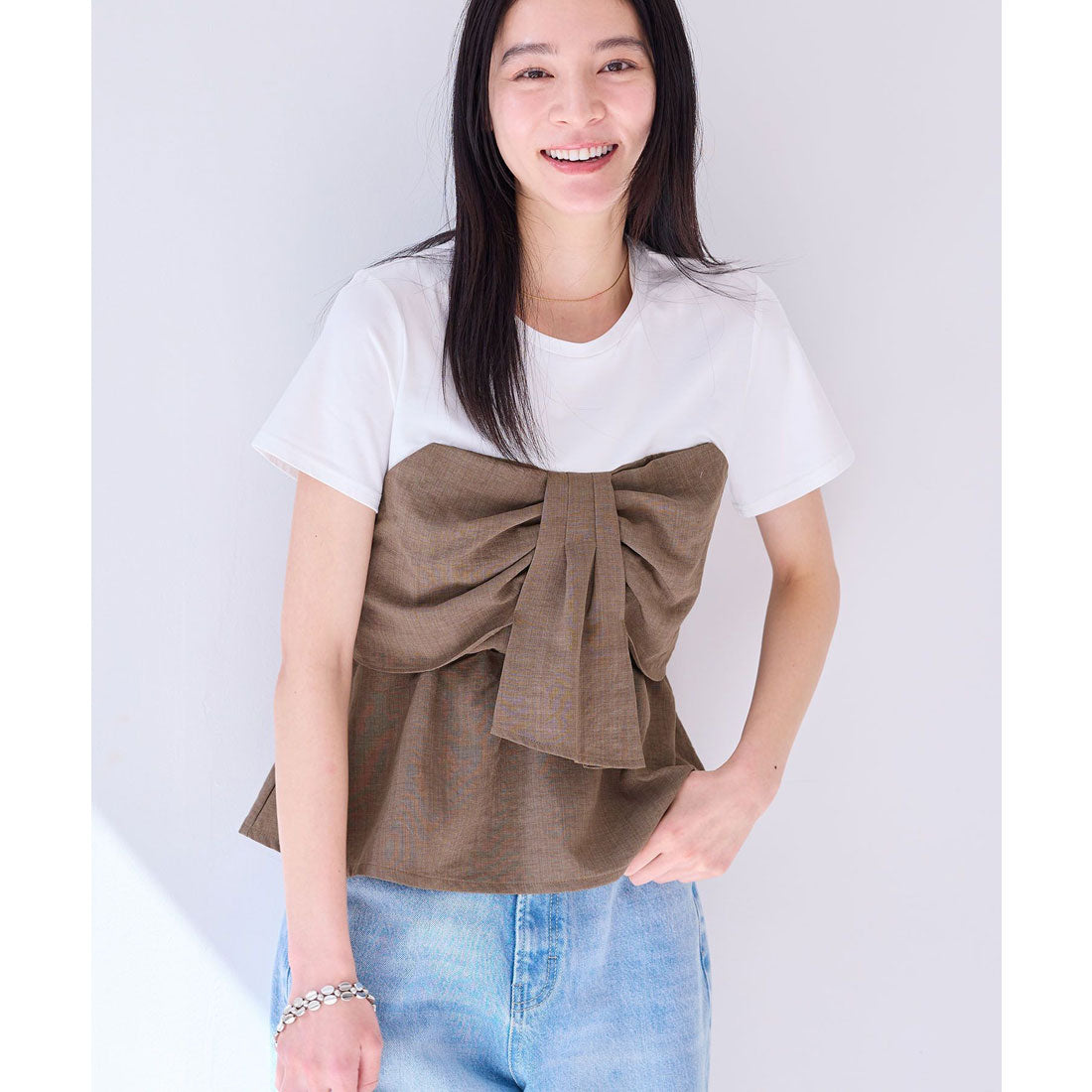 ビス VIS 【美easy】ねじりリボンTシャツドッキングプルオーバー【接触冷感/洗える】【セットアップ対応】 （キナリ（16）） キナリ（16）