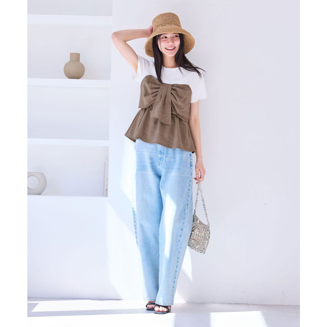 ビス VIS 【美easy】ねじりリボンTシャツドッキングプルオーバー【接触冷感/洗える】【セットアップ対応】 （キナリ（16）） キナリ（16）