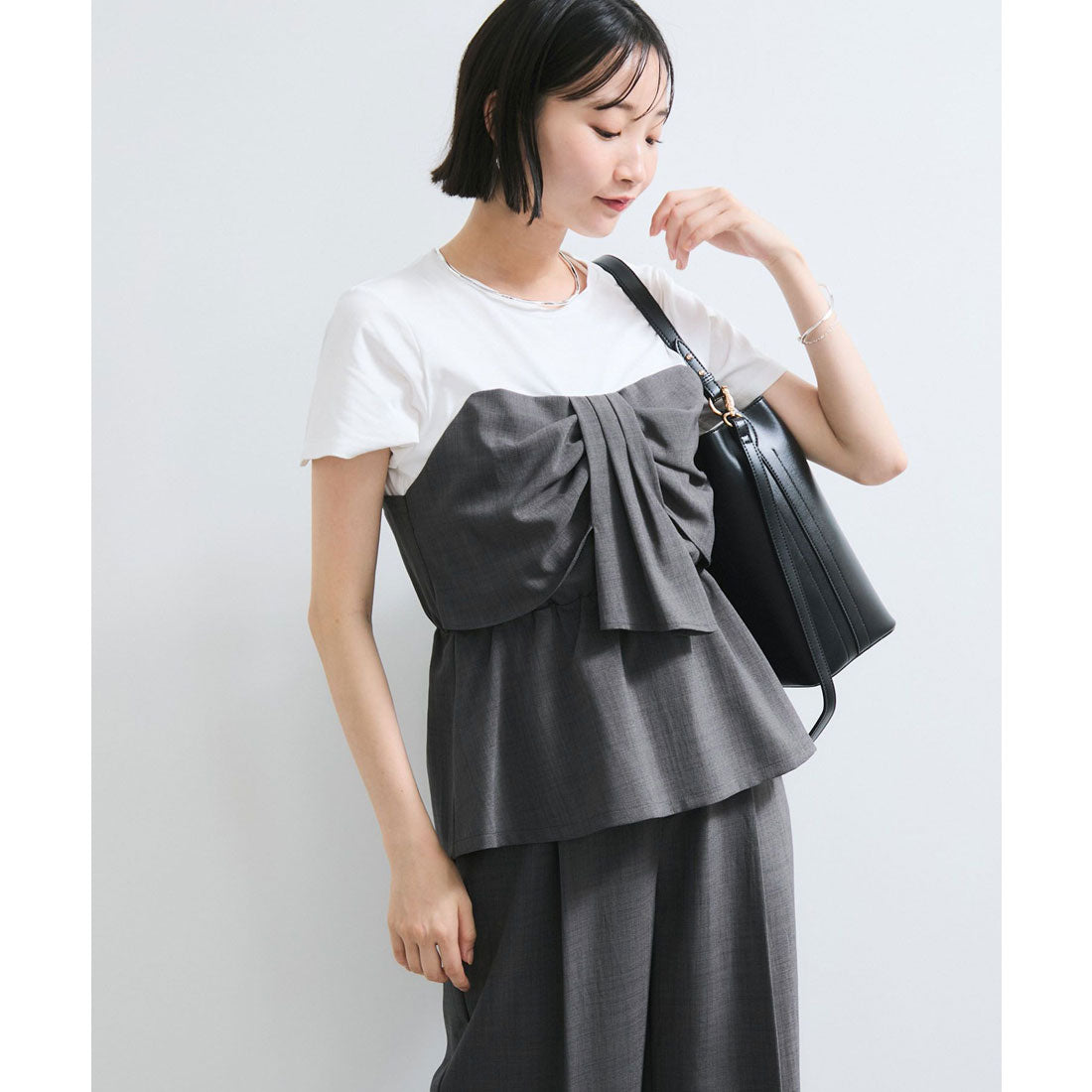 ビス VIS 【美easy】ねじりリボンTシャツドッキングプルオーバー【接触冷感/洗える】【セットアップ対応】 （キナリ（16）） キナリ（16）
