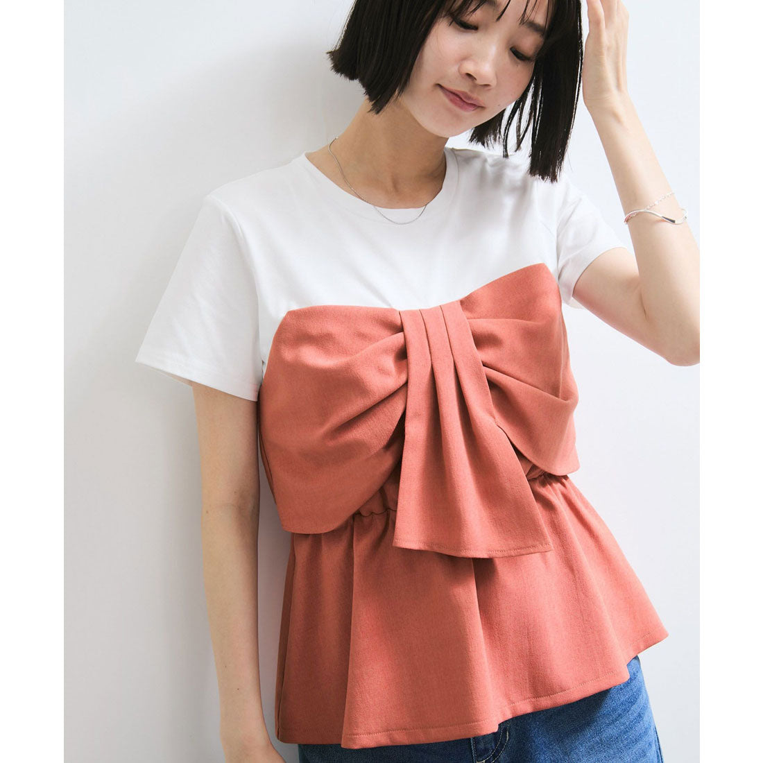 ビス VIS 【美easy】ねじりリボンTシャツドッキングプルオーバー【接触冷感/洗える】【セットアップ対応】 （キナリ（16）） キナリ（16）