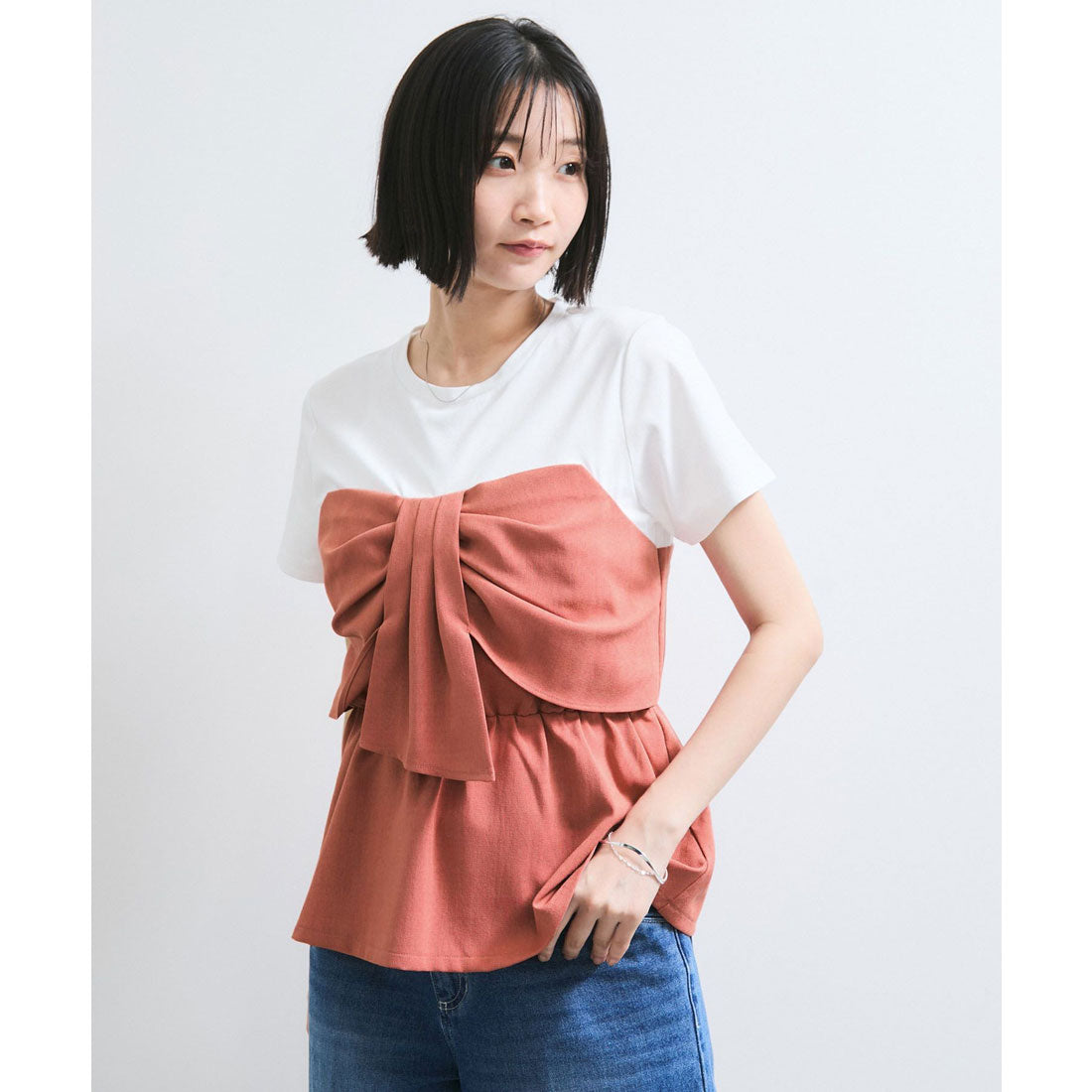 ビス VIS 【美easy】ねじりリボンTシャツドッキングプルオーバー【接触冷感/洗える】【セットアップ対応】 （キナリ（16）） キナリ（16）