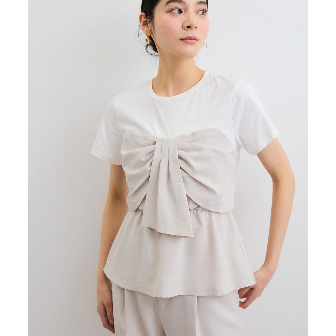 ビス VIS 【美easy】ねじりリボンTシャツドッキングプルオーバー【接触冷感/洗える】【セットアップ対応】 （キナリ（16）） キナリ（16）