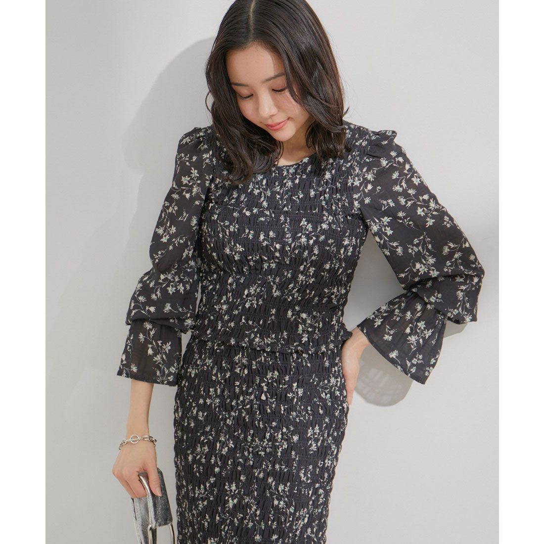 ビス VIS 【セットアップ対応】花柄シャーリングブラウス （オレンジ系（71）） オレンジ系（71）